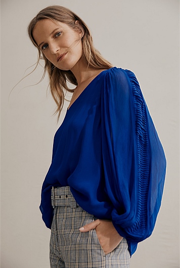 Cobalt Pleat Sleeve Blouse - Shirts | Country Road