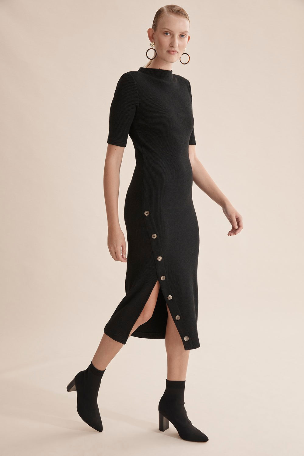 Half Sleeve Rib Button Dress