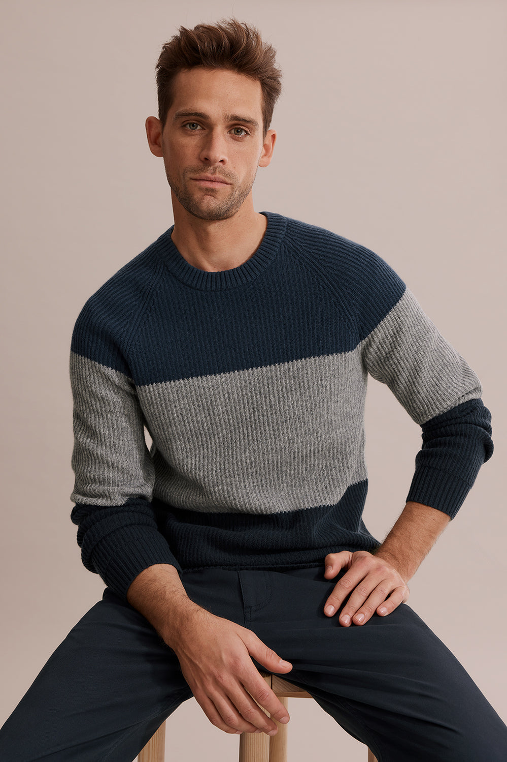 Wool Block Stripe Crew Knit