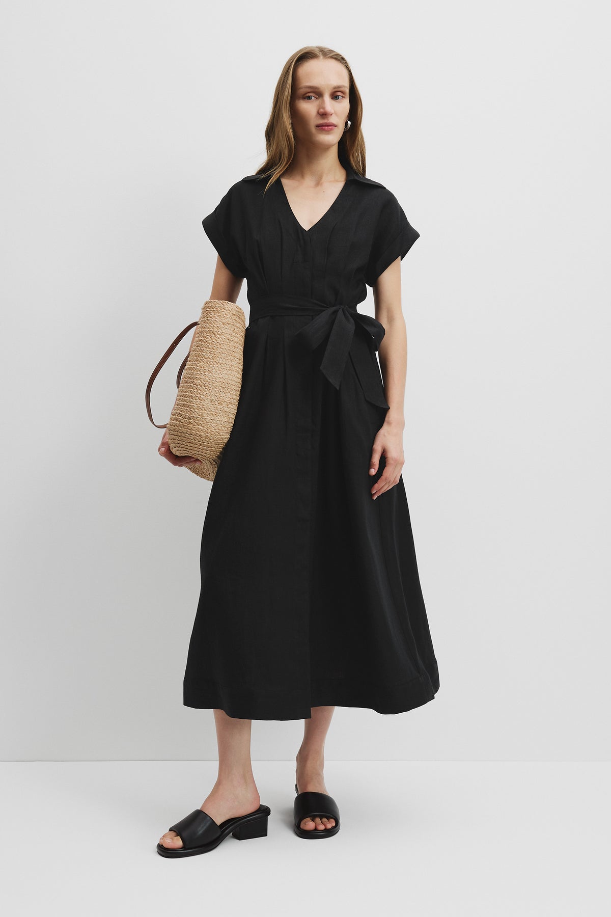 Organically Grown Linen Tuck Detail Midi Dress