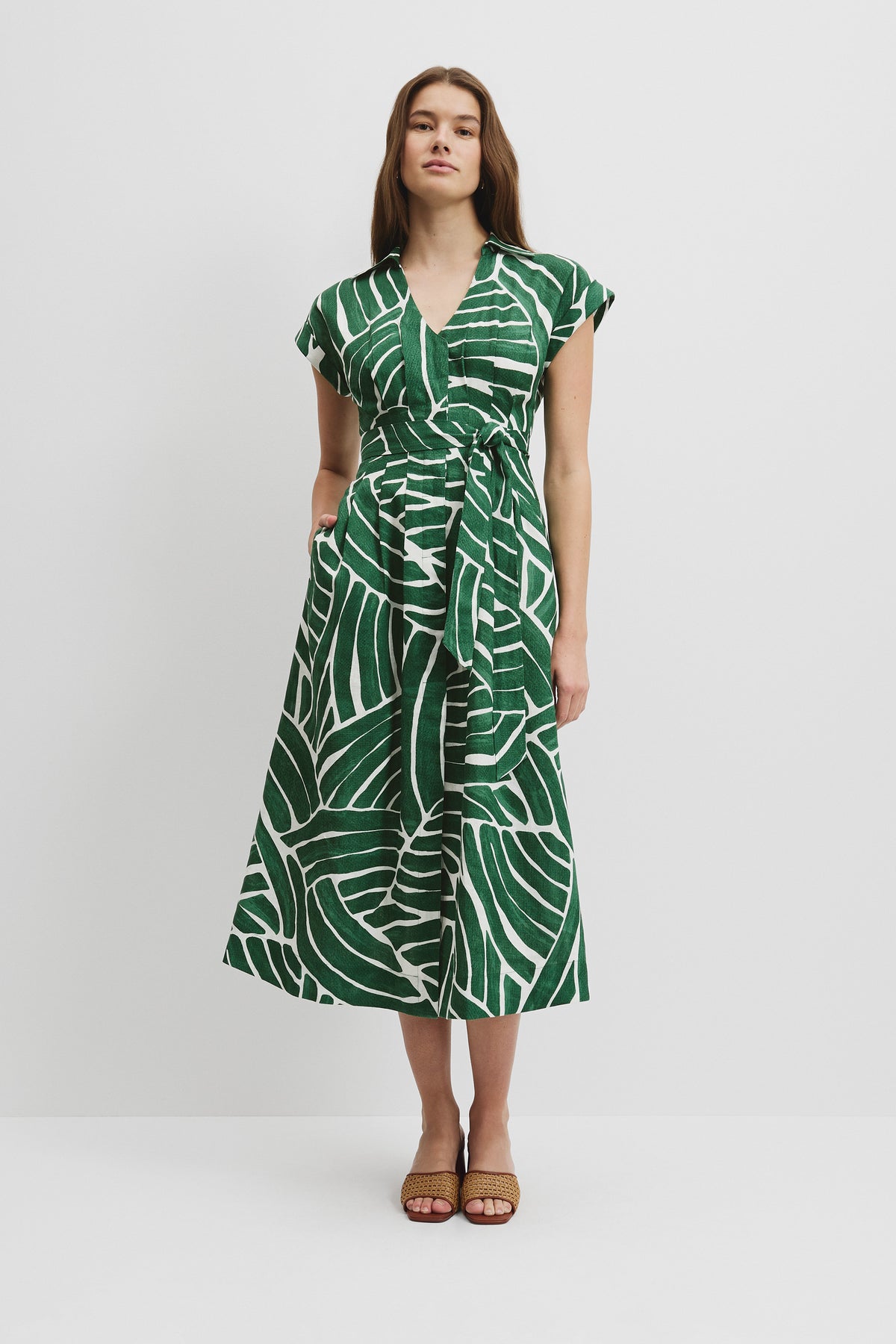Organically Grown Linen Print Tuck Detail Midi Dress