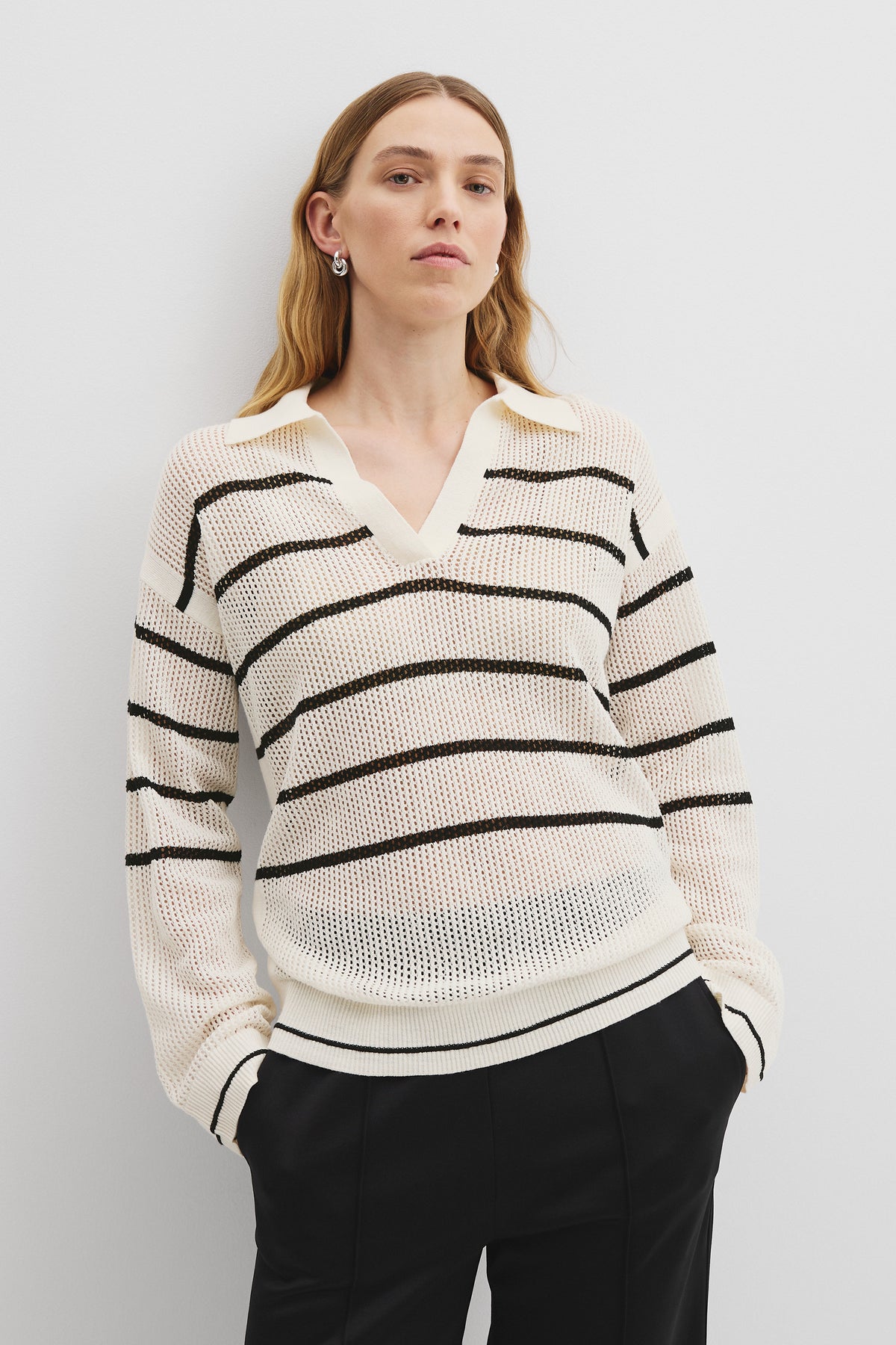 Cotton Linen Stripe Mesh Long Sleeve Polo Knit