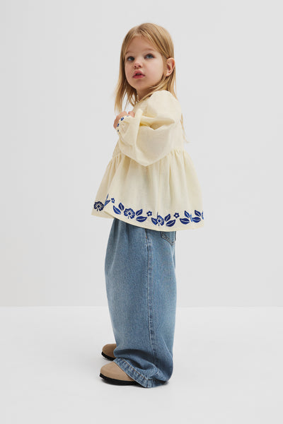 Long Sleeve Embroidered Shirred Blouse