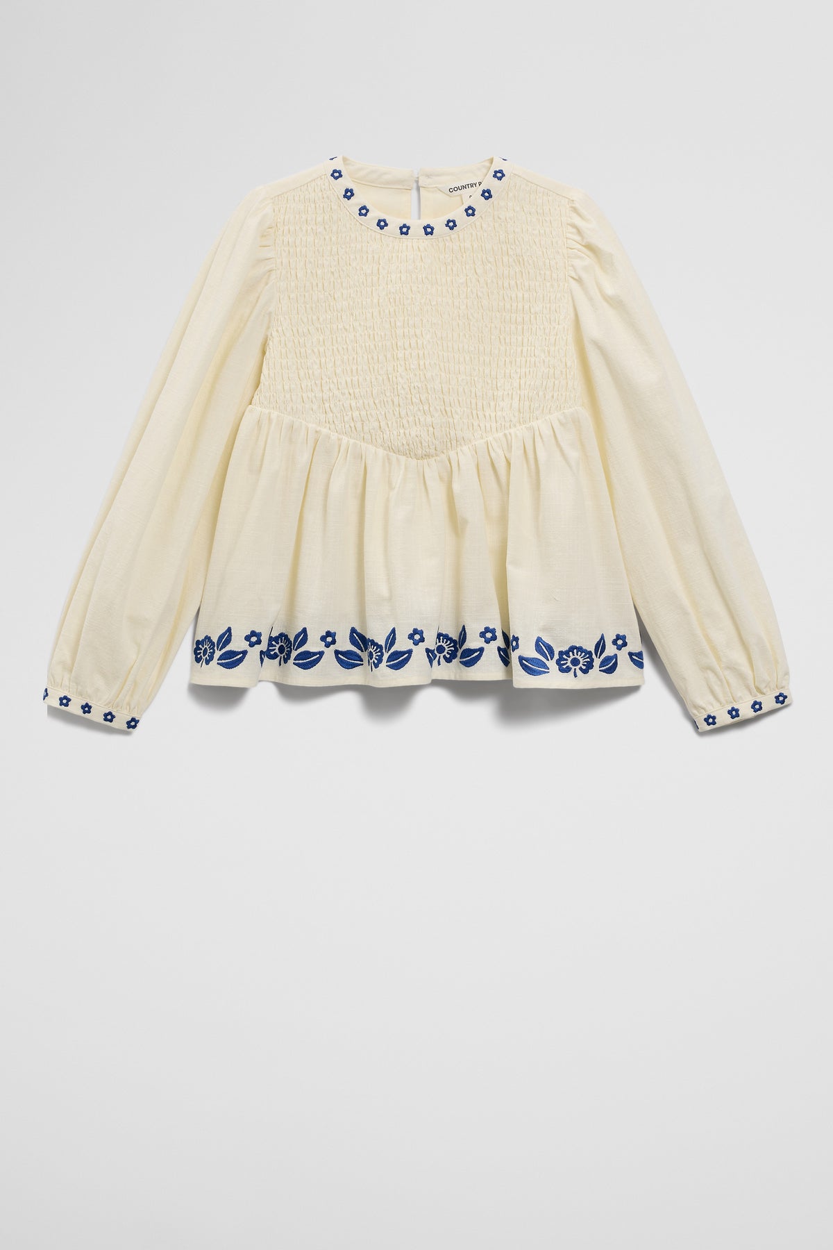 Long Sleeve Embroidered Shirred Blouse