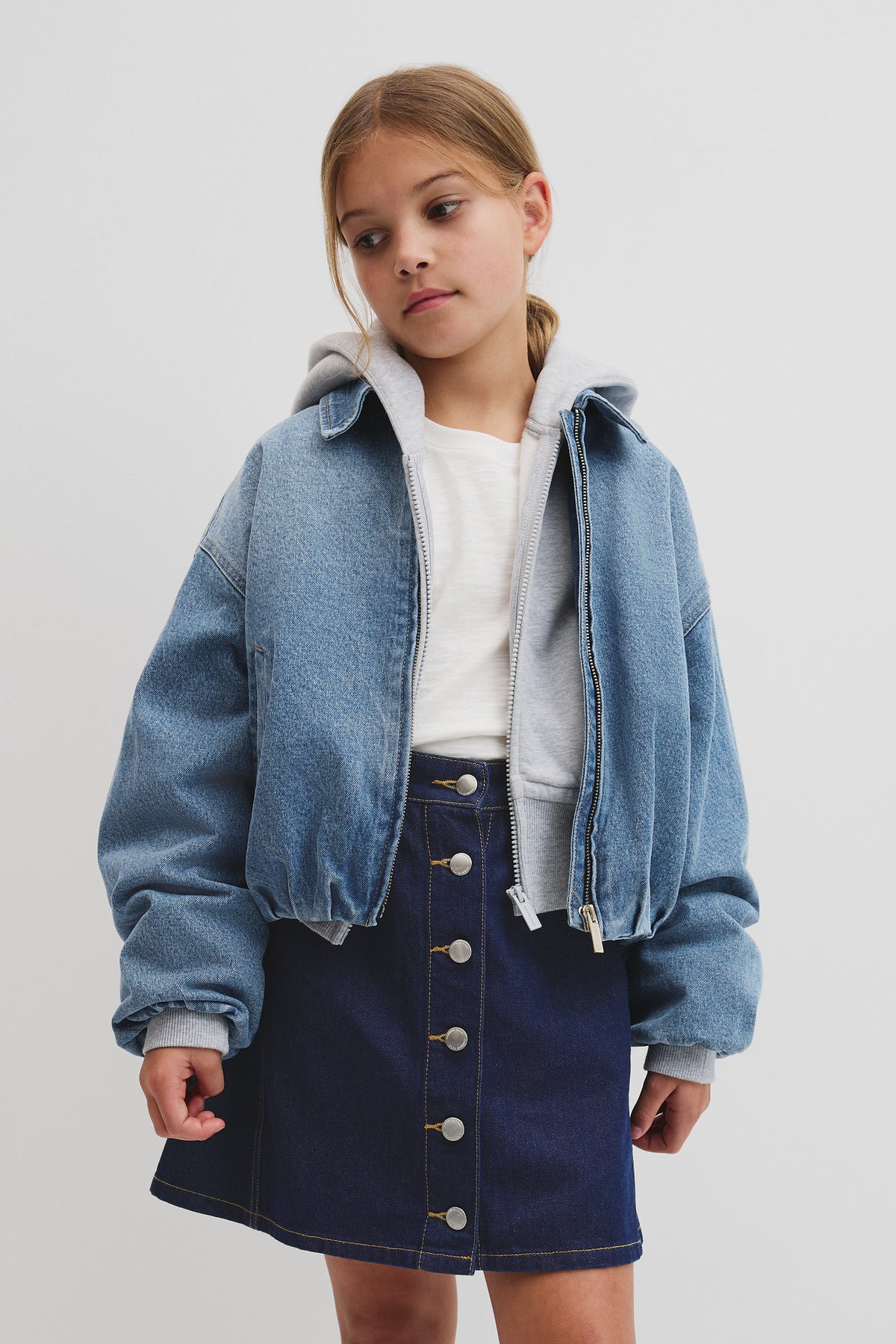 Teen Denim Pleated Bomber