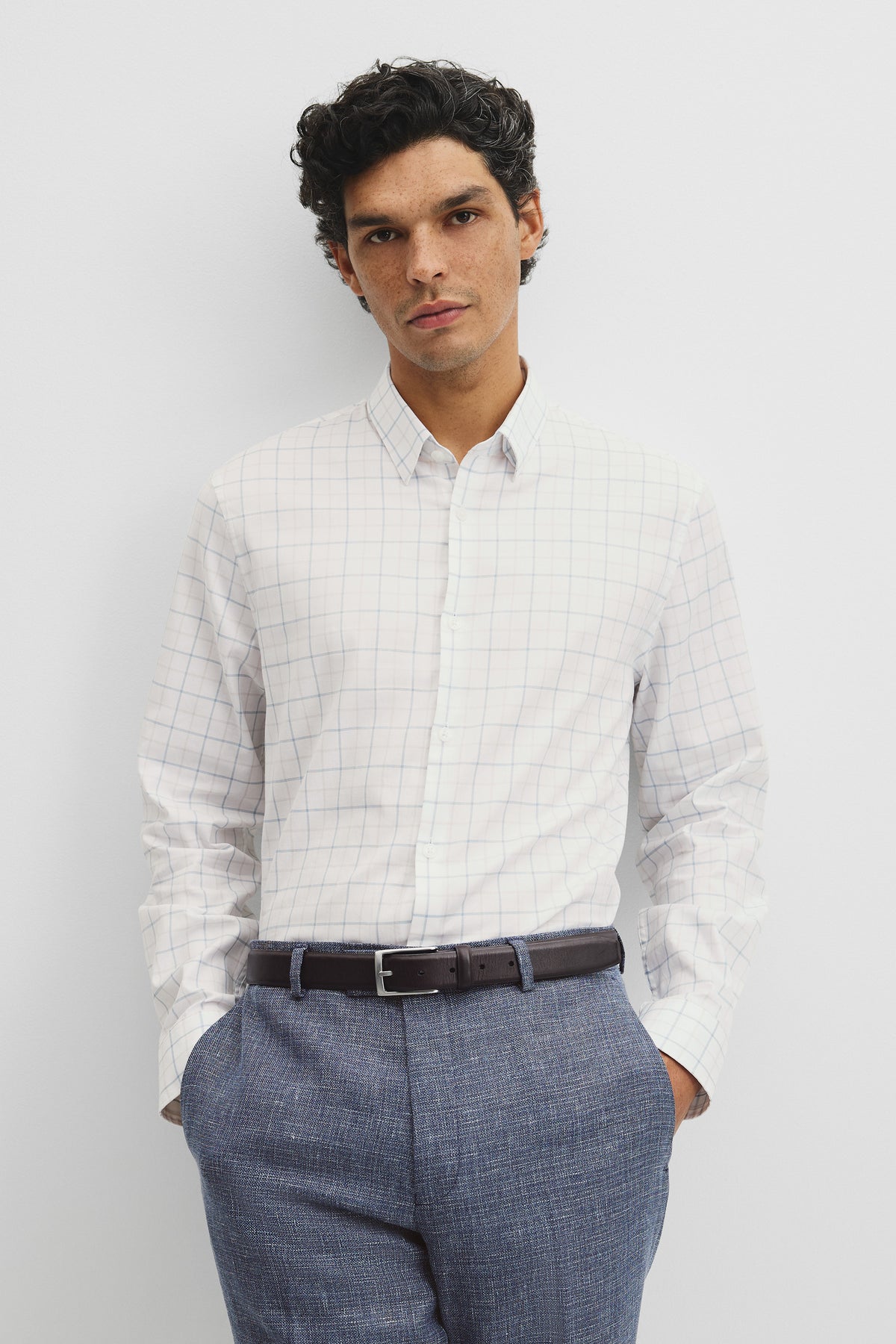 Long Sleeve Slim Cut And Sew Grid Shirt
