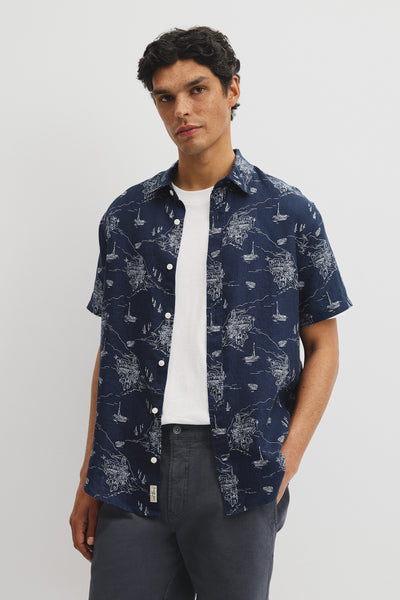 Regular Fit Linen Coastline Print Shirt