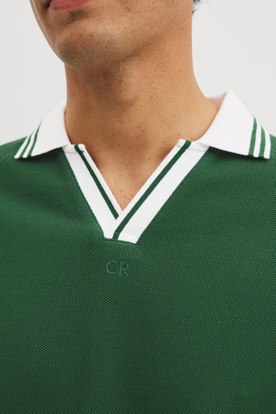 Short Sleeve Textured Contrast Tip Trophy Neck T-Shirt